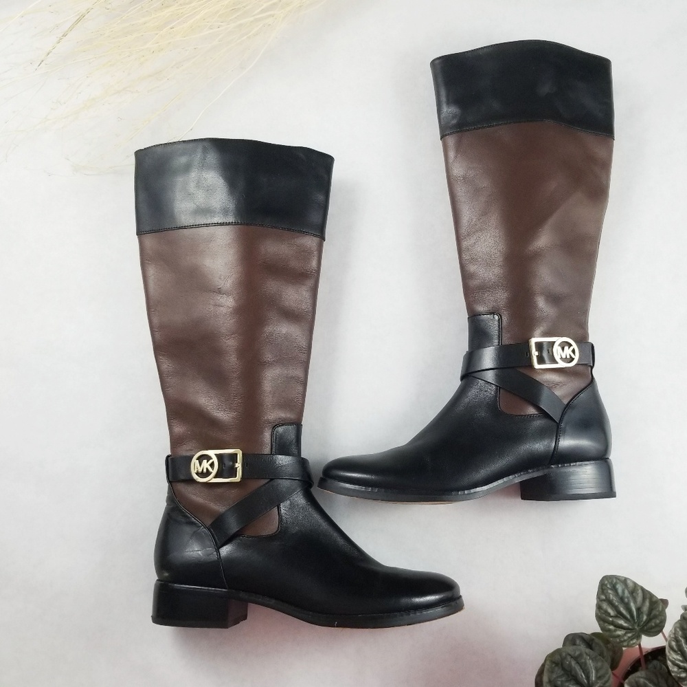 MK Michael Kors Black Brown Leather Riding Boots